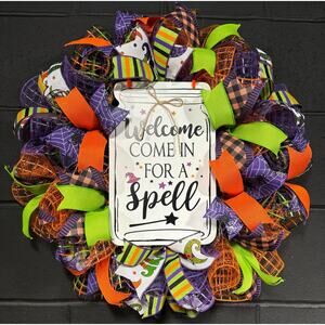 Halloween Witch Wreath Orange Purple Green Deco Mesh Handmade 24 Inch